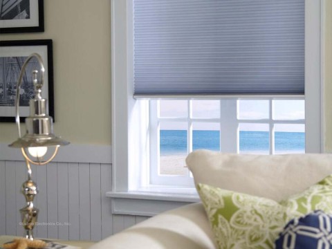 A close-up of a window with Lutron motorized shades overseeing the ocean.