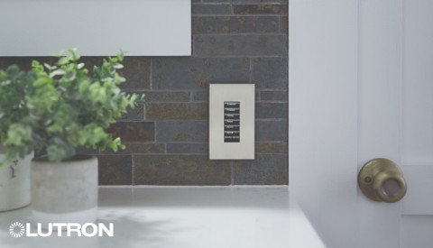 Lutron wall keypad with labeled buttons on a stone tile backsplash near a potted plant and white countertop.